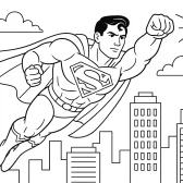 Flying Over City Skyline in Heroic Pose Superman Coloring Page