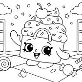 Cute Shopkins Coloring Page – Kawaii Dessert Character in Candy Store Scene