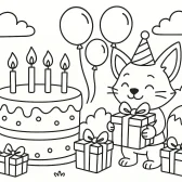 Cute Birthday Coloring Page with Fox, Cake and Balloons