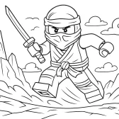 Ninjago Coloring Page – LEGO Ninja Jumping with Sword in Mountain Scene